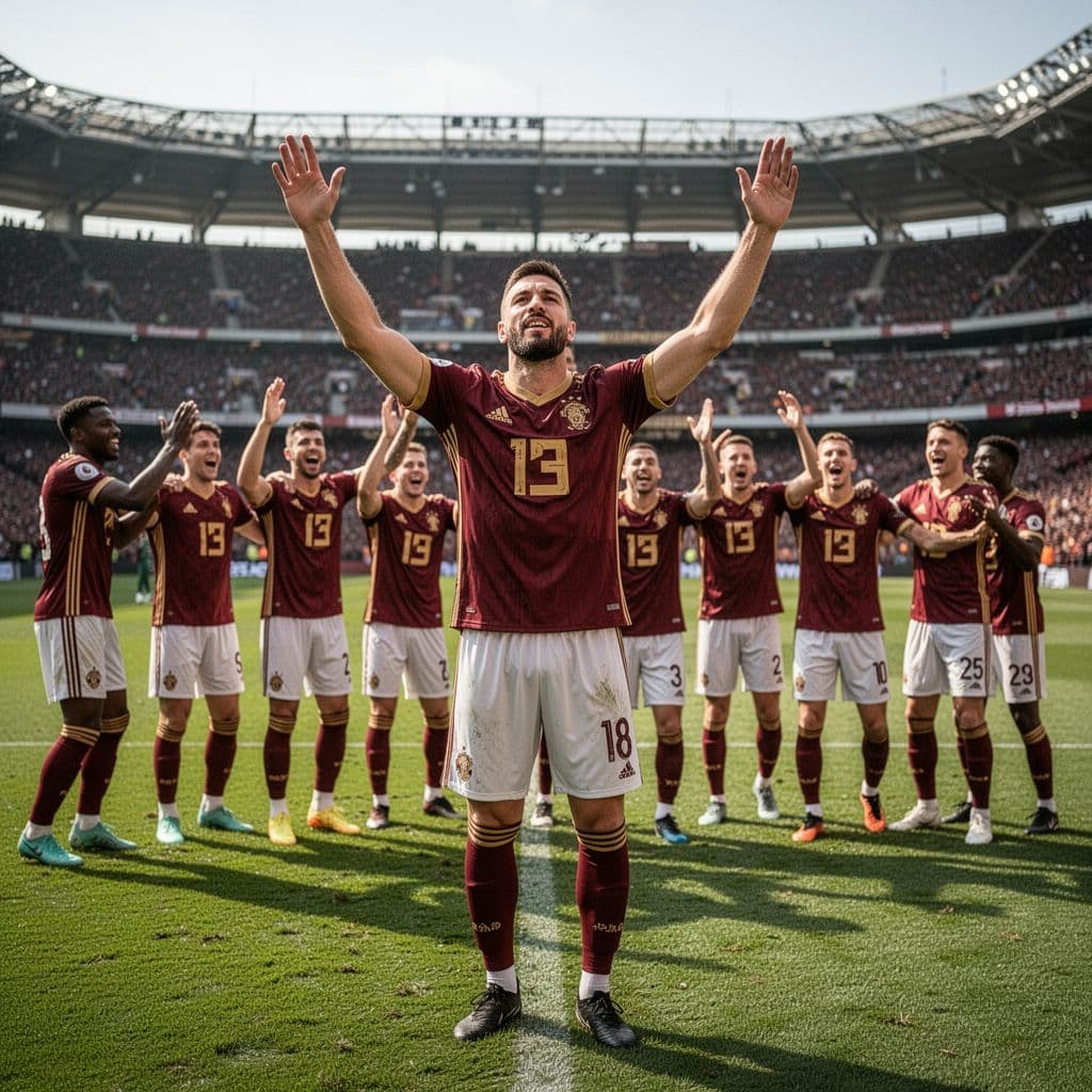 A player in a maroon and gold jersey celebrates a goal on a sunny football pitch.