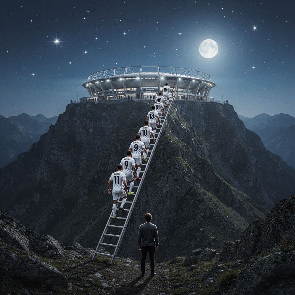 Football team climbs ladder to stadium on mountain top under night sky with European stars; one person stands at base looking up.