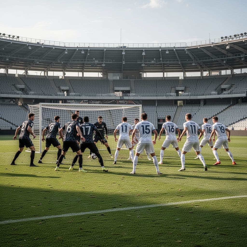 Team in dark jerseys defends goal against opponents in light jerseys in clear stadium.