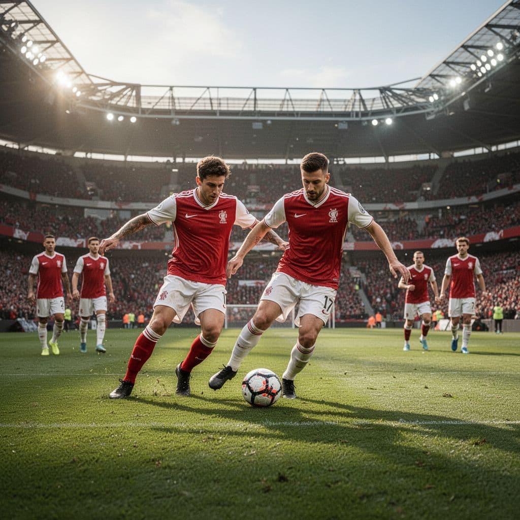 Two football players in red and white kits focus on ball possession during a stadium match.