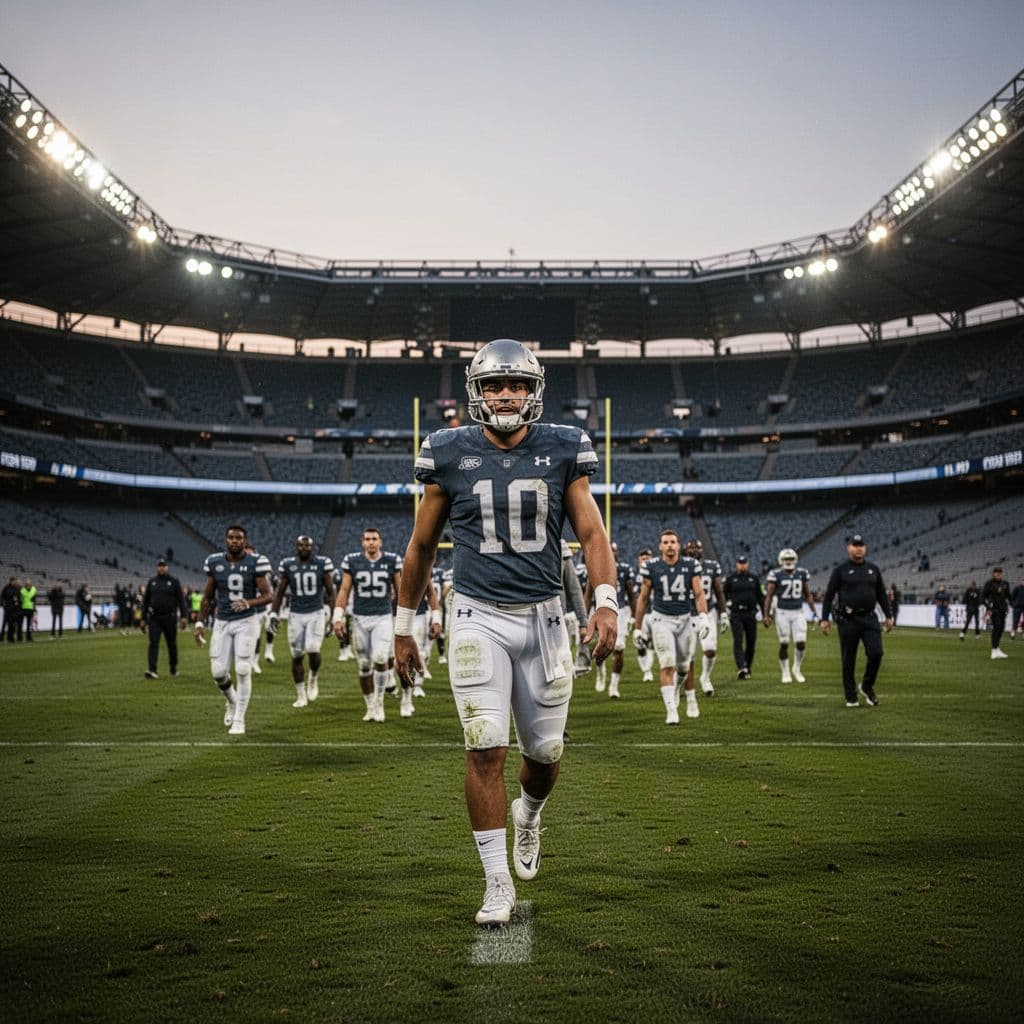 A football player walks onto the field at dusk with his team in the background.