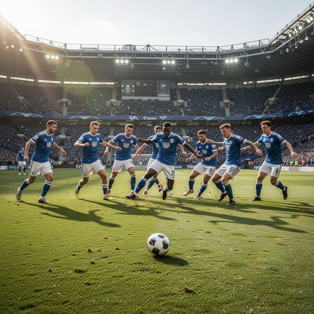 A football team in blue and white jerseys maneuvers the ball across a sunny grass pitch.
