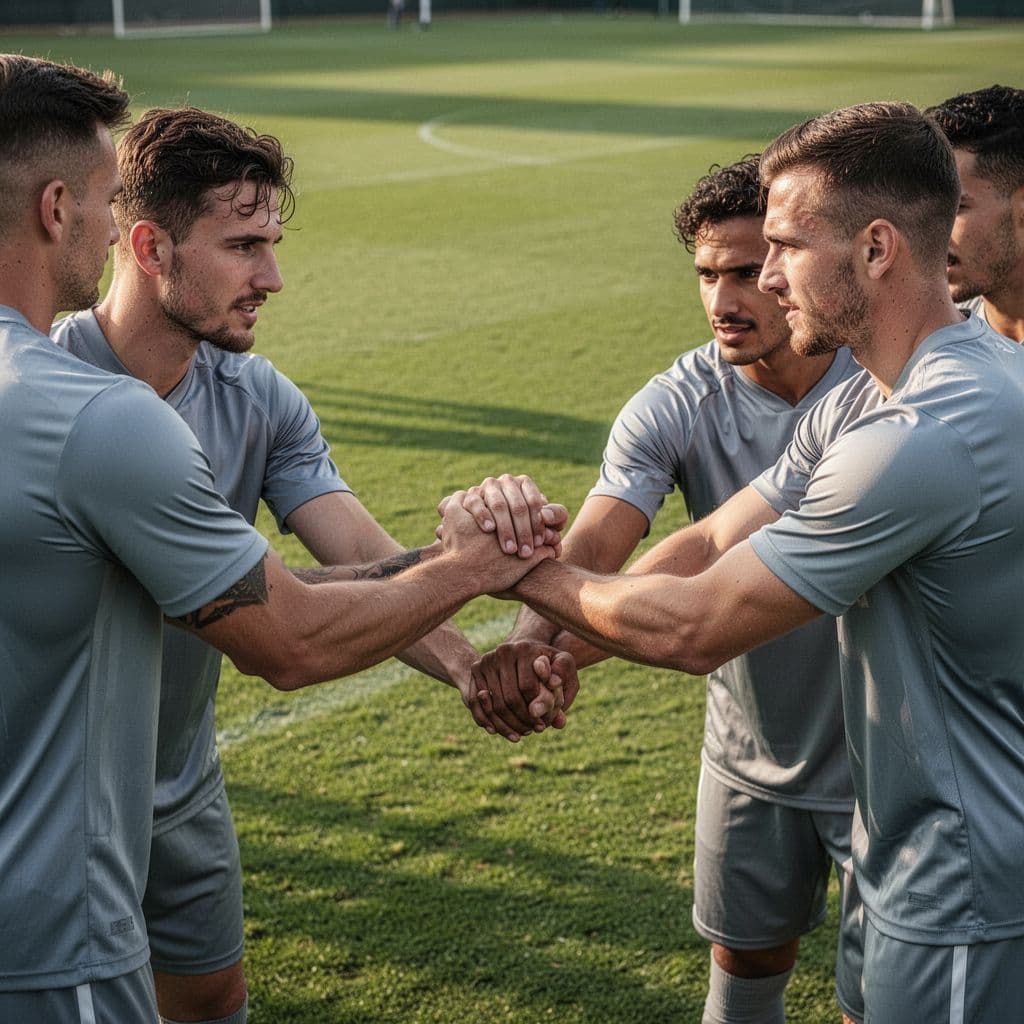 A group of football players in uniform stand together in a supportive huddle on the grass.