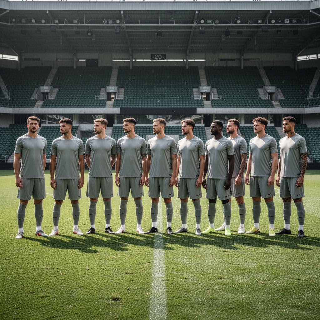 Eleven football players stand in a line on a grass field before a stadium match.