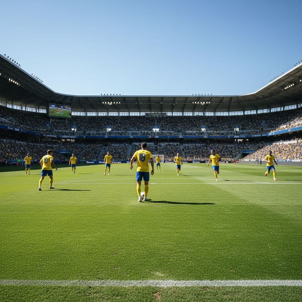 A wide-angle view of a football team in yellow and blue uniforms playing on a stadium field.