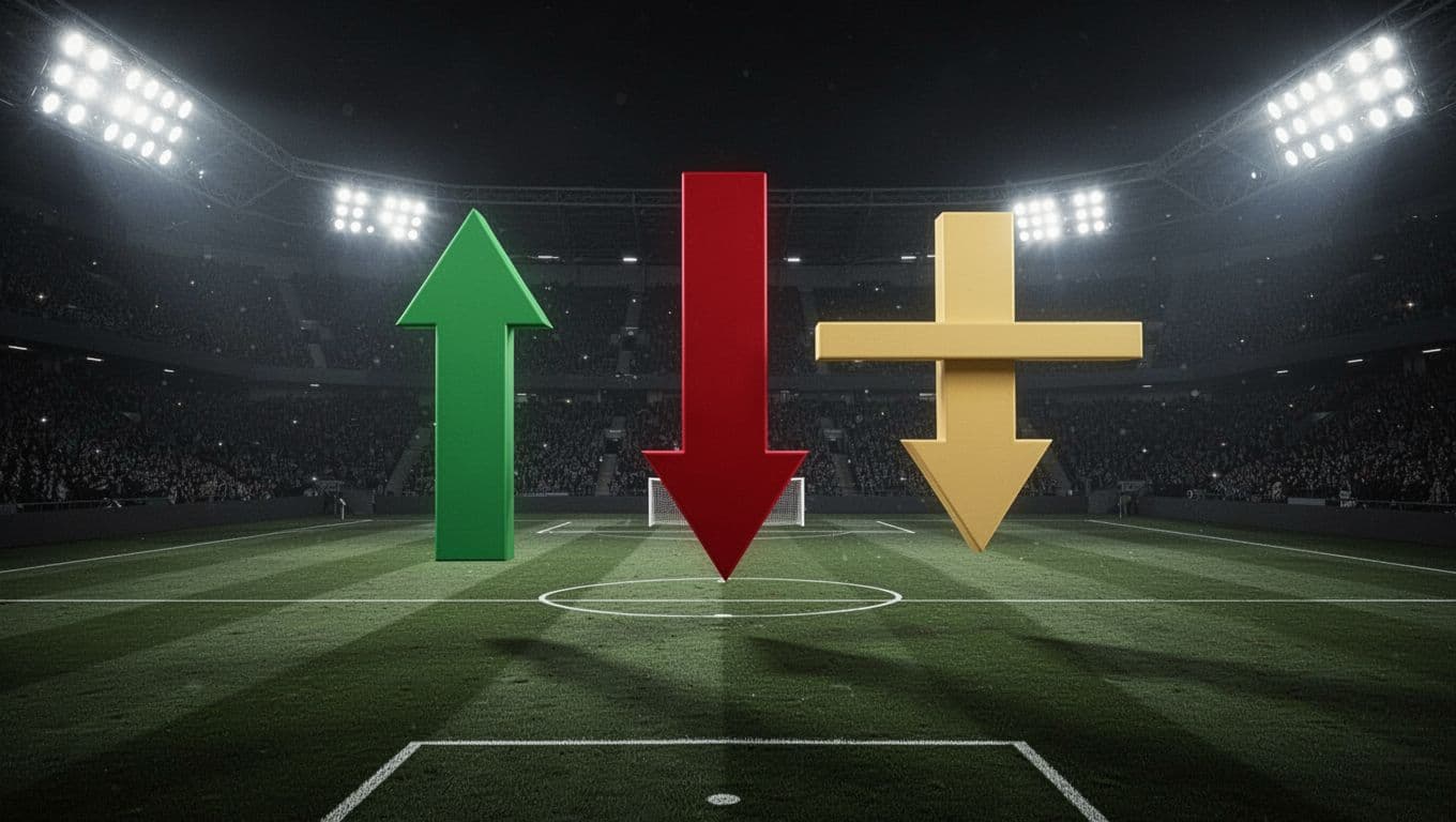 Infographic with green upward arrows for goals scored, red downward for goals conceded, yellow balanced icons for points stability on green-black football pitch under stadium lights.
