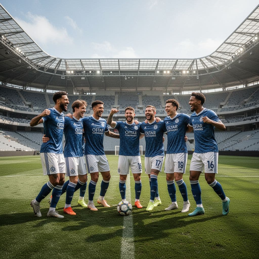 A professional football squad celebrates together on the stadium pitch following a successful season.