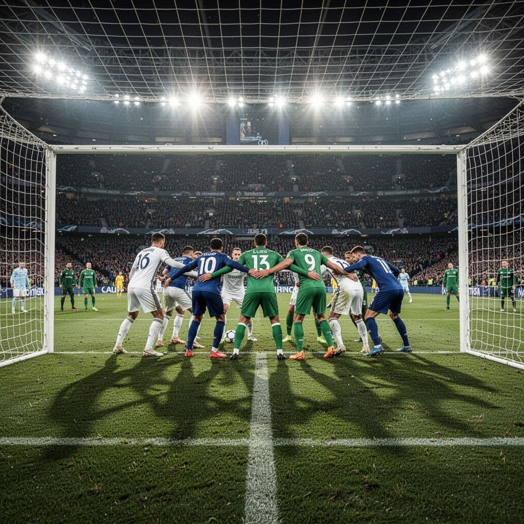 Football team forms disciplined line defending goal in stadium match.