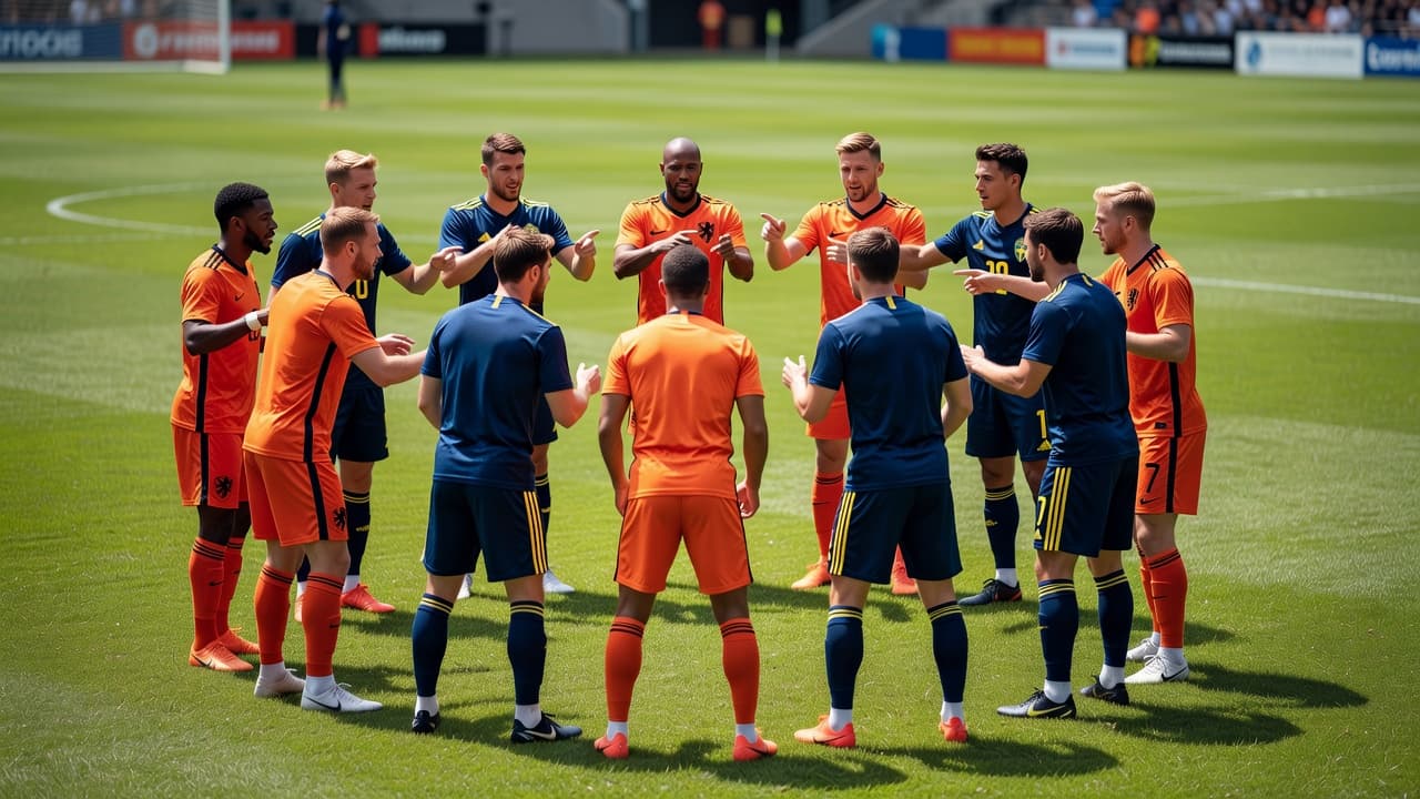 A group of professional football players in matching uniforms gather on a lush grass pitch under bright daylight. They stand in a tight circle, sharing tactical instructions and preparing for gameplay.