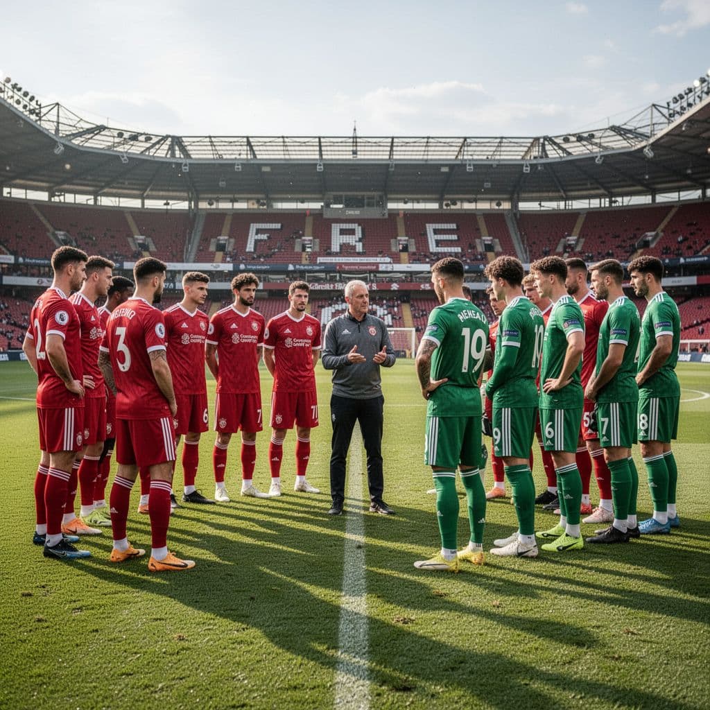 Athletes in red and green jerseys gather on a professional grass pitch under bright sunlight. They stand closely around their coach, focusing intently while listening to strategy during pre-tournament preparation drills.