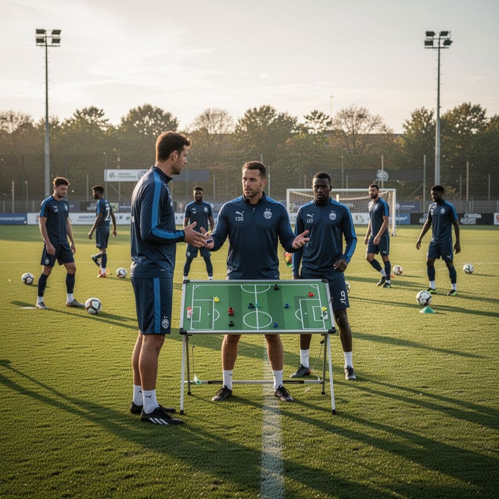 A coach explains strategy on a tactics board to his team during an outdoor training session.