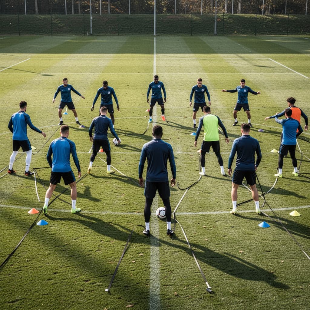 Organized group of players in modern kits on sunny grass field.