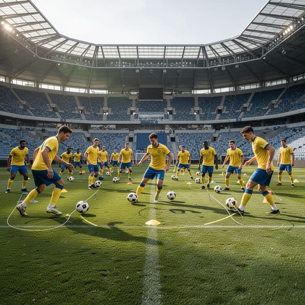 Players in yellow and blue kits do ball drills on green pitch in modern stadium on sunny day.