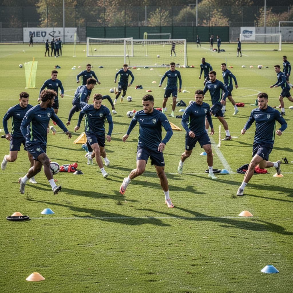 A professional football squad practices tactical coordination drills on a bright green grass pitch.