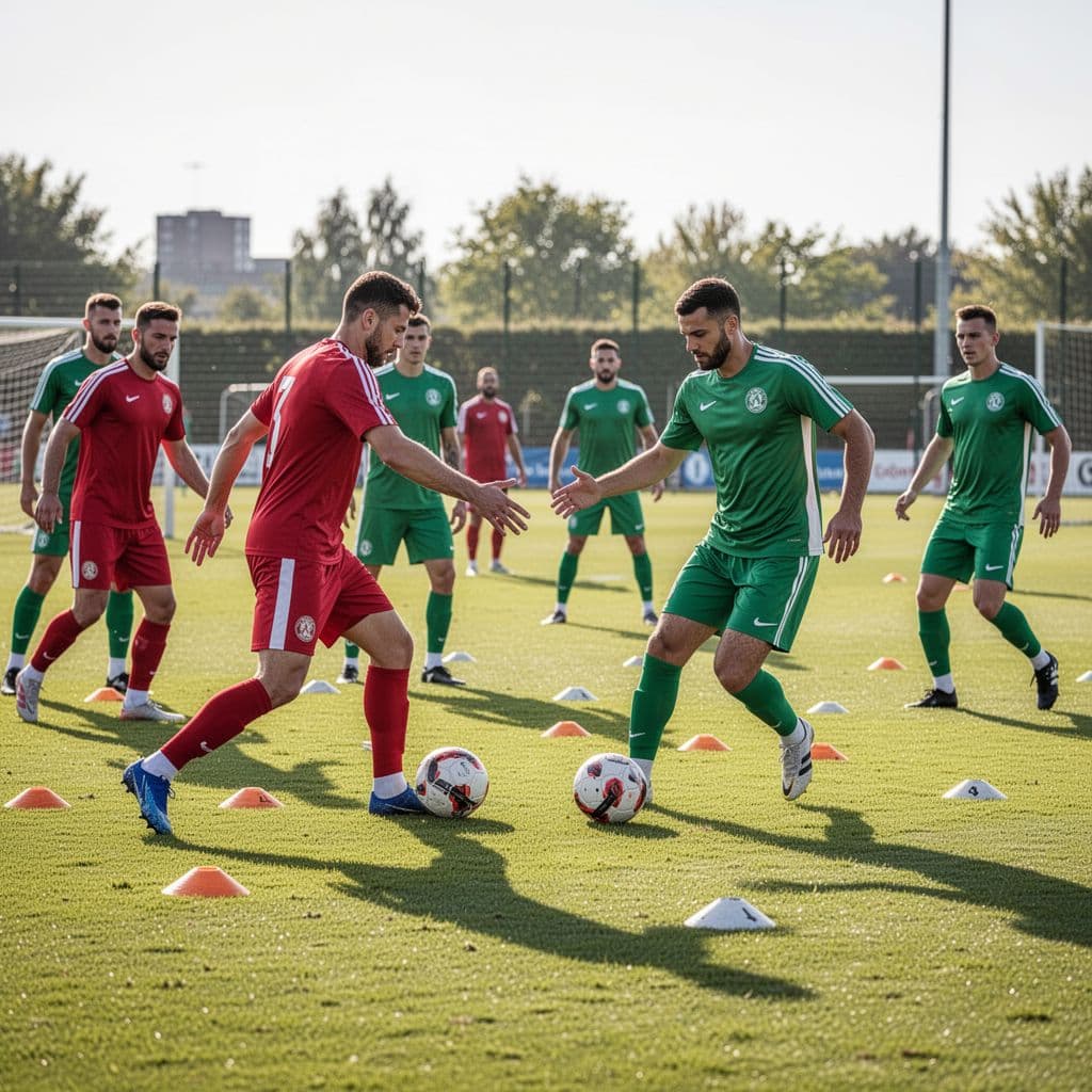 Players in red and green kits focus on drills during a sunny outdoor training session.