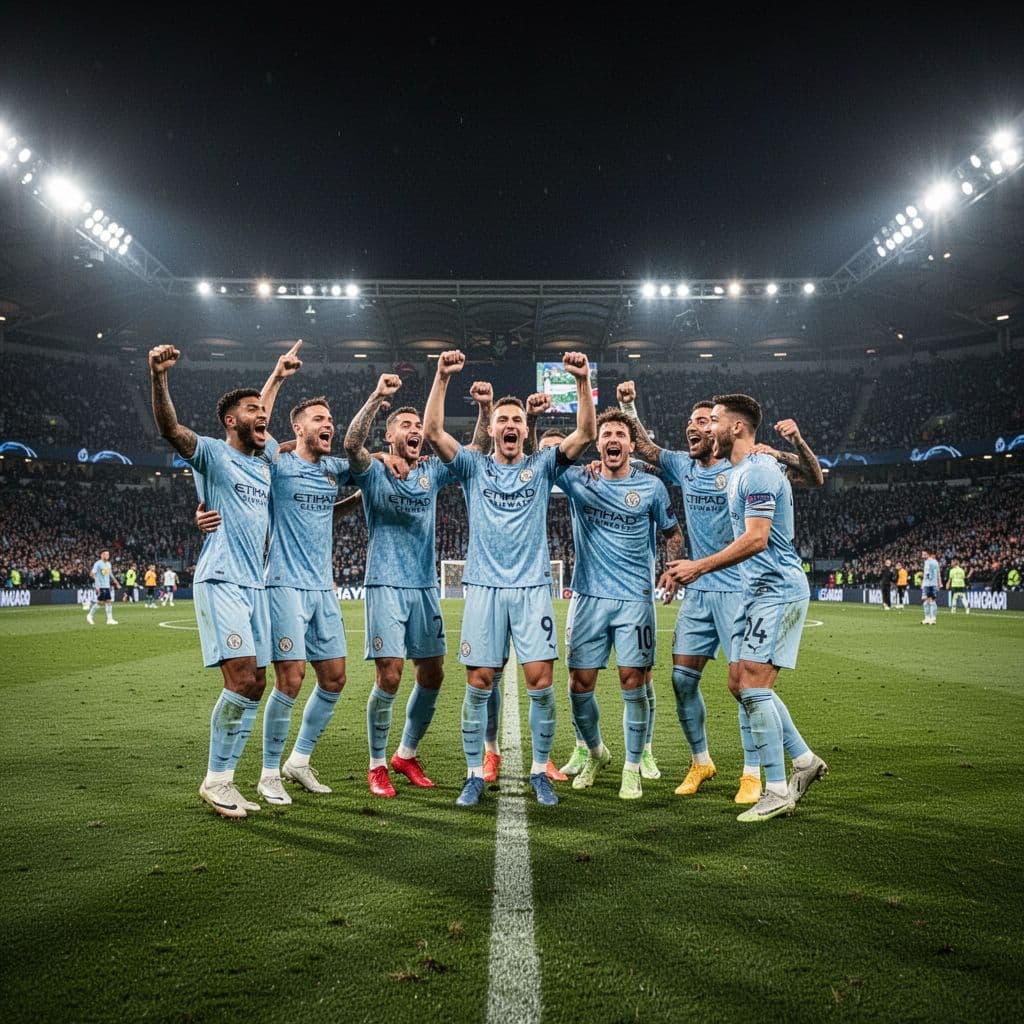 A group of players in light blue uniforms celebrate on a stadium pitch under bright night lights.