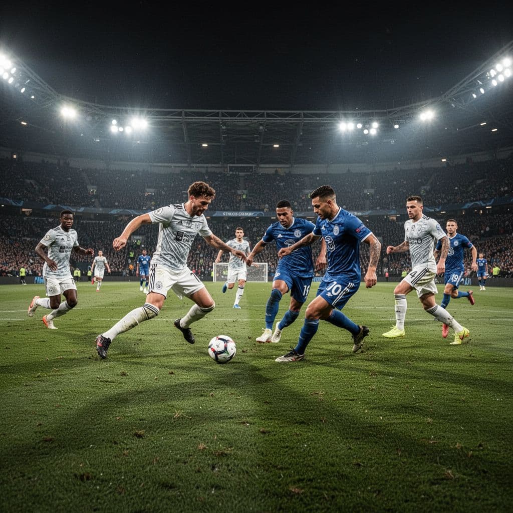 Two football teams face off on a lush green stadium pitch under bright evening lights.