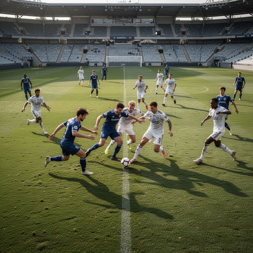 Two football teams face off on a green field under bright daylight with a stadium in the background.