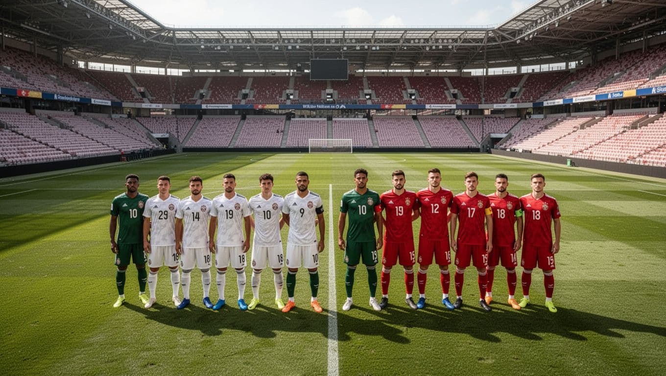 Two professional football teams stand in formation on a vast grass pitch during a clear day. The empty stadium seating surrounds the field, providing a dramatic high angle perspective of players.