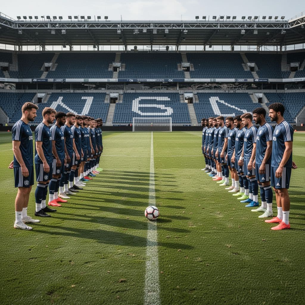 Two football teams stand on opposite sides of a professional stadium pitch with a ball in center.