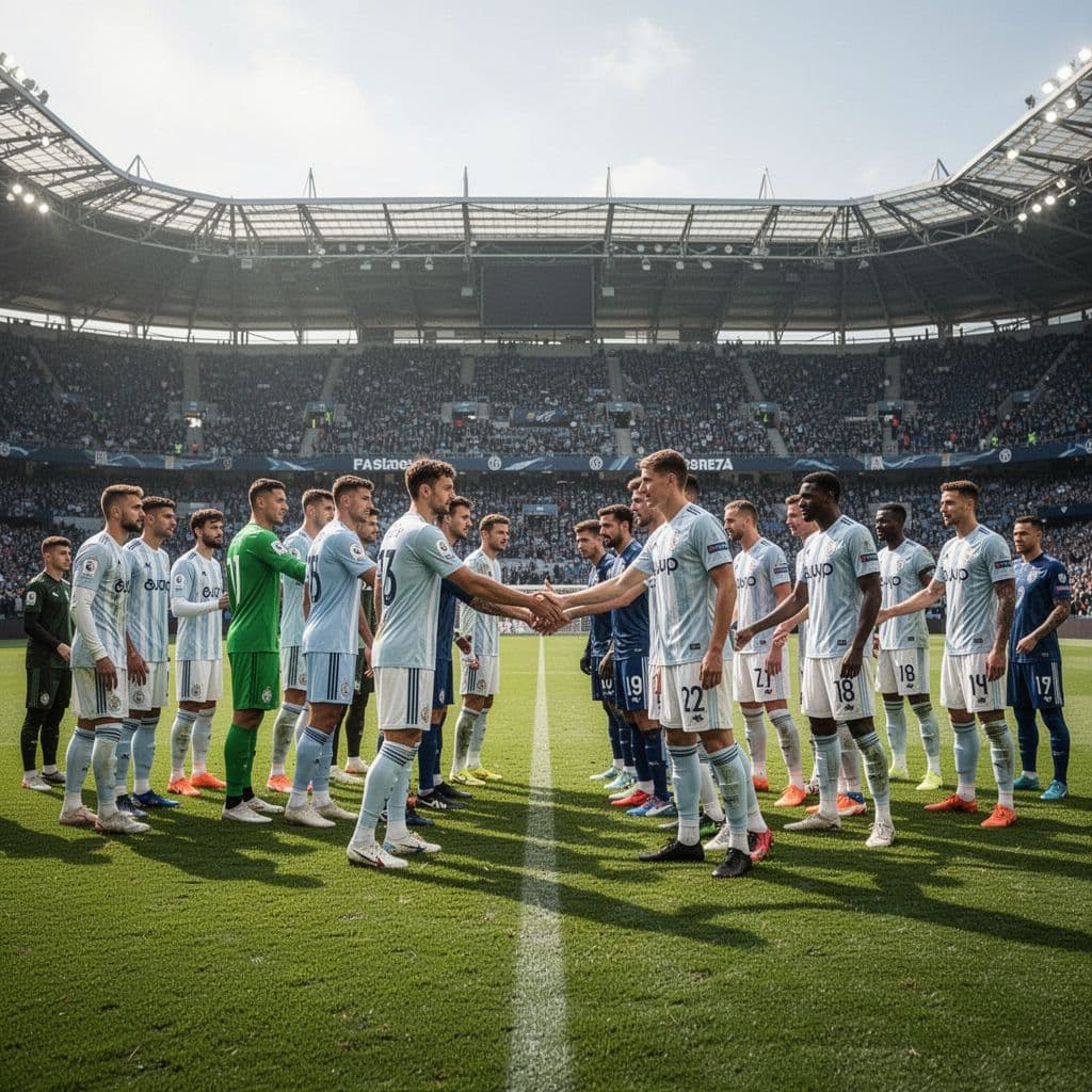 Two professional football teams meet on a bright green grass pitch before a stadium match.
