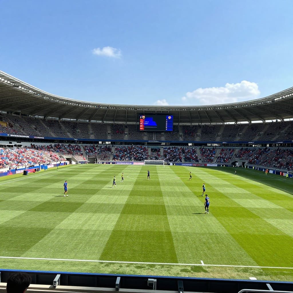 Two football teams compete on green grass field in large sunny stadium.