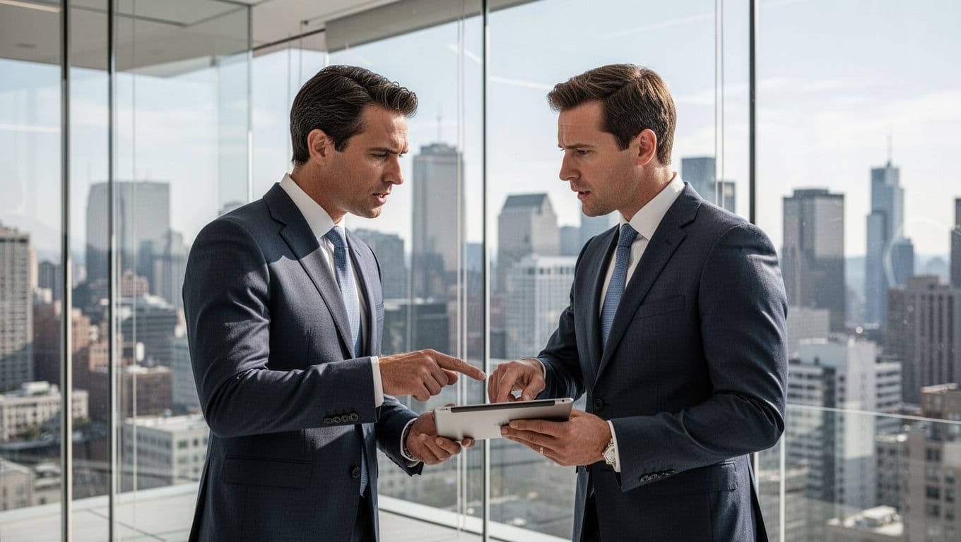 Two men in tailored suits stand in a glass-walled office, focusing on a tablet screen. A blurred urban skyline provides the background as they discuss high-stakes player recruitment strategies together.