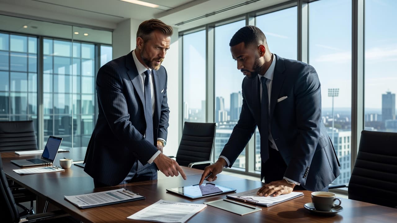 A football manager in a sharp suit stands inside a glass-walled office discussing a player contract with an agent. Large windows provide bright natural light overlooking a bustling city landscape.