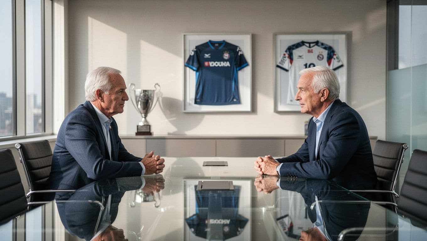 Two executives sit at opposite ends of a large glass table in a bright boardroom. A subtle soccer aesthetic surrounds the formal meeting space while they engage in serious negotiations.