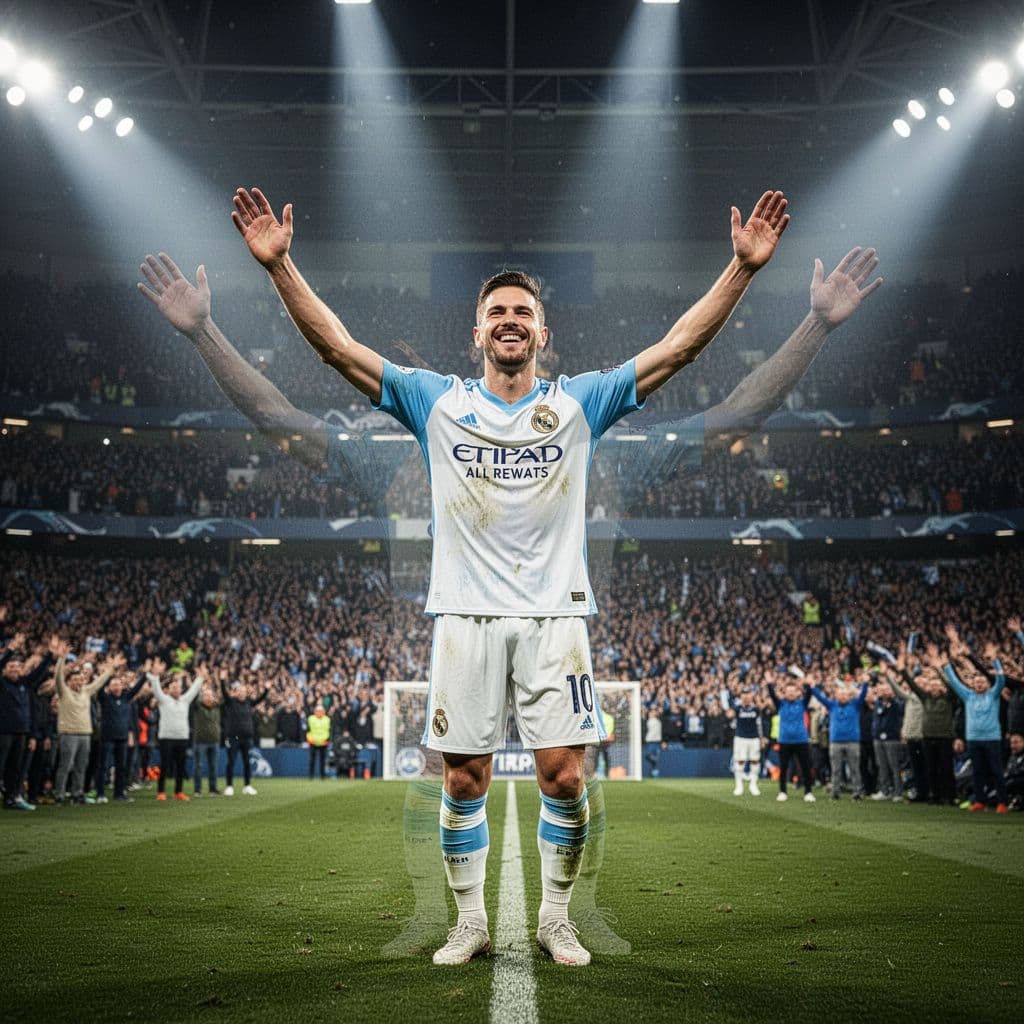 A professional footballer in a white and sky blue jersey celebrates a goal in a crowded stadium.