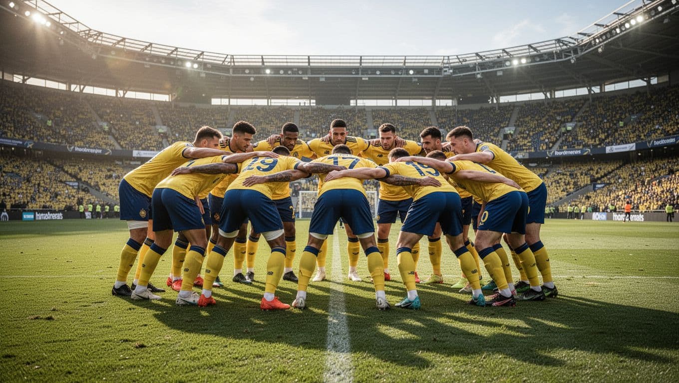 Sebelas pemain sepak bola dengan seragam kuning biru berdiri dalam formasi blok rapat di atas rumput stadion yang hijau. Cahaya matahari sore menyinari disiplin posisi mereka saat mengantisipasi serangan lawan.