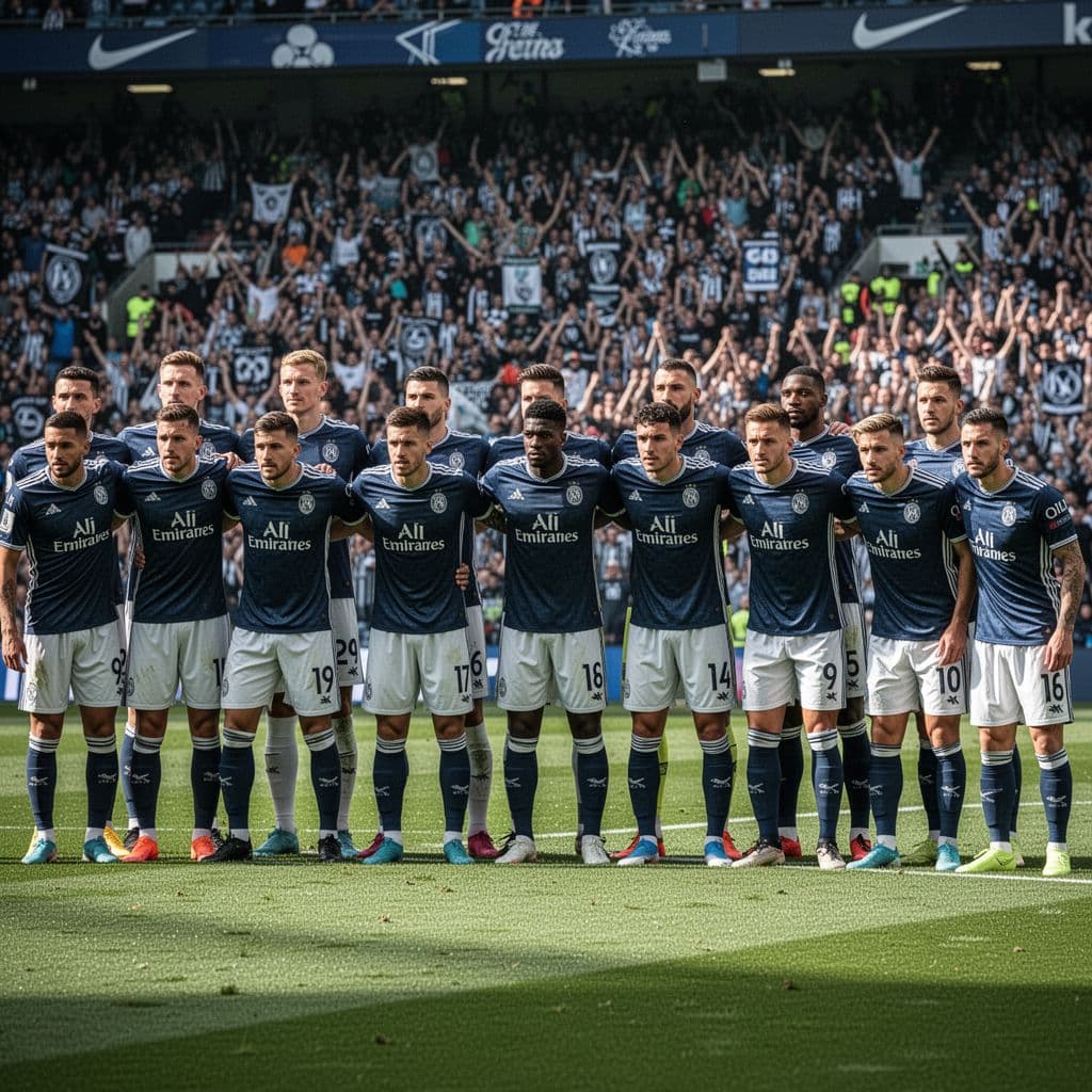 Para pemain sepak bola berdiri dalam baris pertahanan yang rapat di tengah lapangan rumput hijau. Di latar belakang, stadion besar dipenuhi oleh ribuan penonton yang menyaksikan pertandingan sepak bola yang intens.
