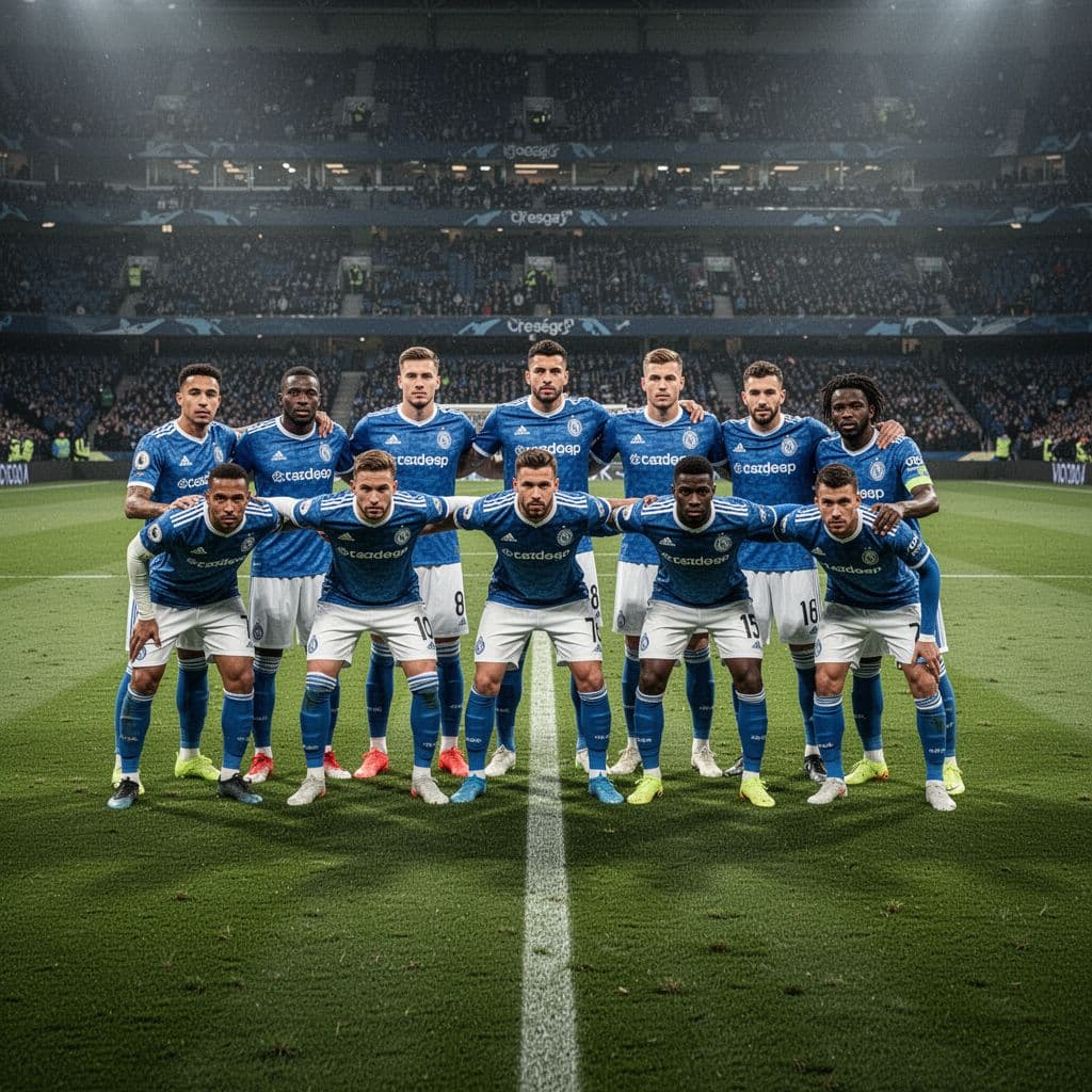 Para pemain sepak bola berbalut seragam biru putih berdiri dalam barisan rapat di tengah lapangan hijau untuk menghalau serangan lawan. Formasi disiplin ini menunjukkan koordinasi taktis yang kuat saat pertandingan berlangsung.