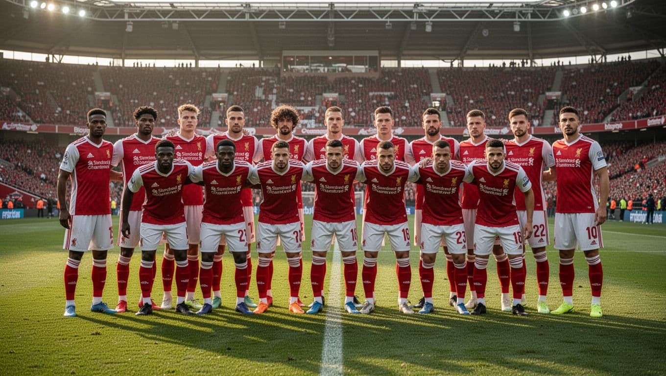 Para pemain sepak bola berbalut seragam merah putih berdiri tegak membentuk barisan disiplin di tengah lapangan hijau stadion luas. Pencahayaan sore hari menyinari pemain yang bersiap menghalau serangan lawan dengan taktik terstruktur.