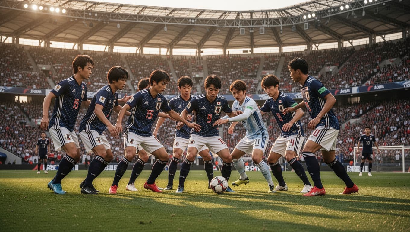 Para pemain timnas Jepang berdiri dalam barisan pertahanan yang rapat di tengah lapangan hijau yang luas. Pencahayaan matahari sore menciptakan bayangan panjang di atas rumput stadion saat mereka bersiap menghalau lawan.