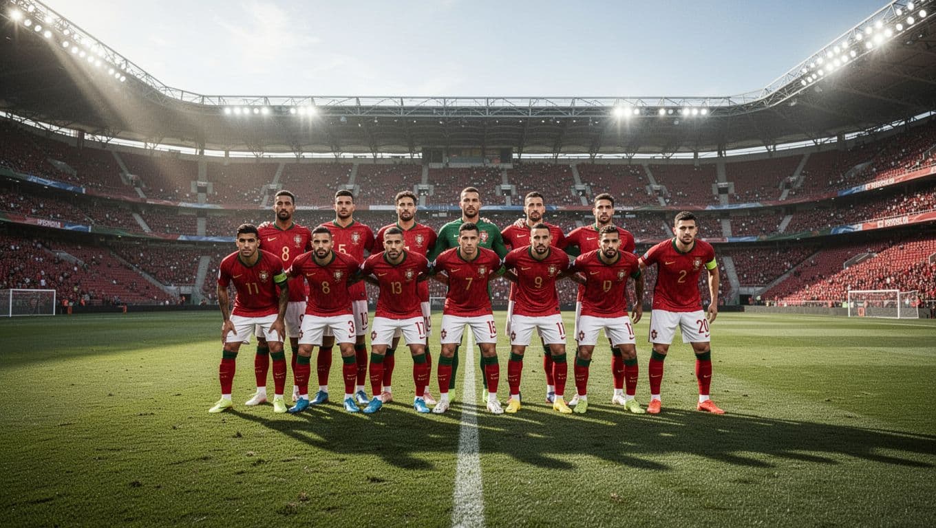 Para pemain timnas Portugal berdiri dalam barisan pertahanan yang rapat dan teratur di atas lapangan hijau. Posisi pemain terlihat sangat disiplin saat mengantisipasi serangan lawan di tengah kondisi stadion yang cerah.