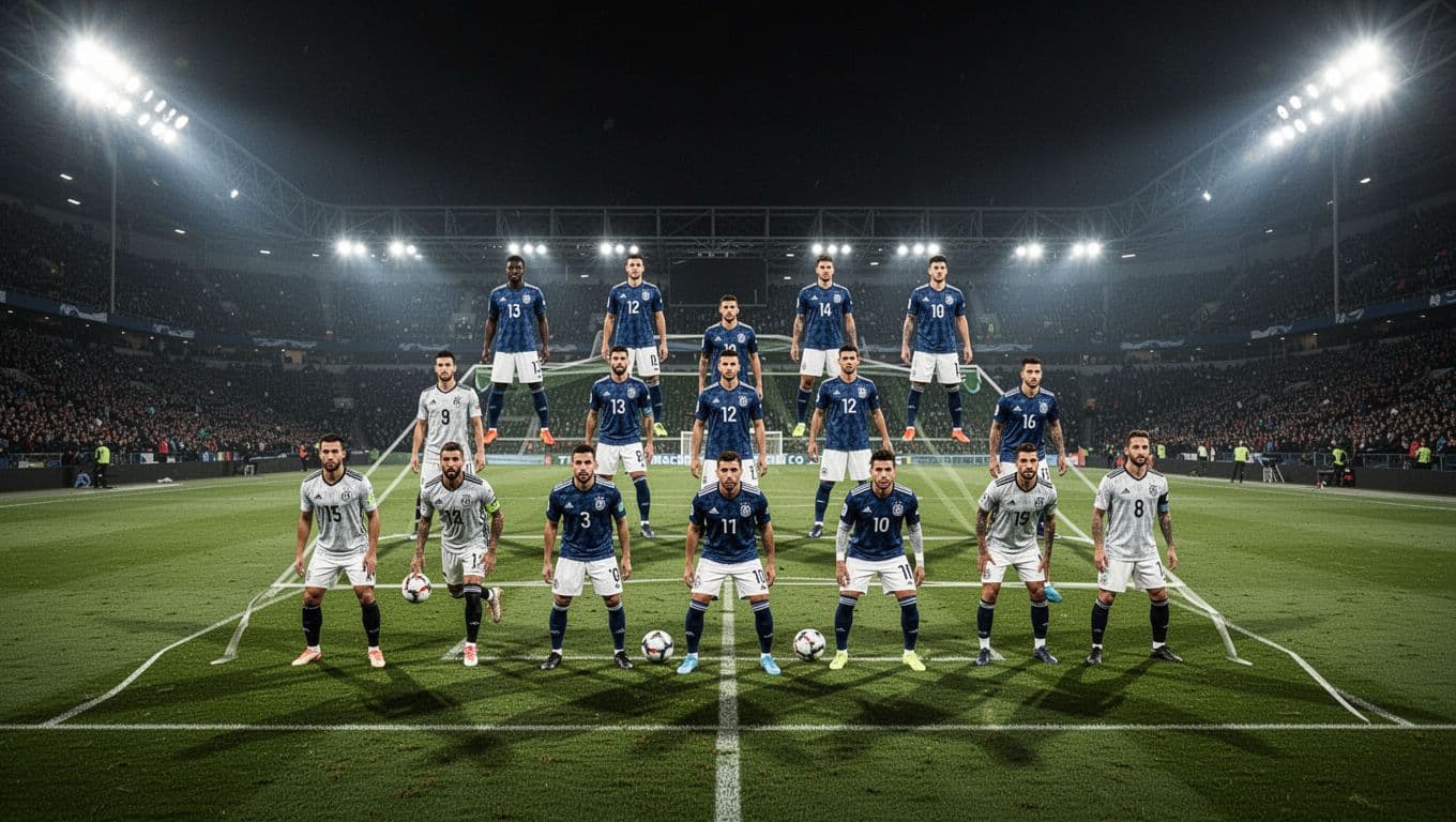 Para pemain sepak bola membentuk formasi 4-2-3-1 yang sangat terorganisir di tengah lapangan hijau. Cahaya stadion yang terang benderang menyoroti pergerakan strategis mereka selama pertandingan malam hari yang berlangsung dengan penuh intensitas.