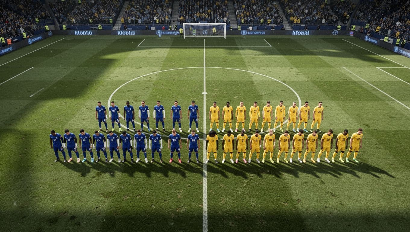 Pemain berseragam biru dan kuning berdiri dalam formasi taktis yang rapi di tengah lapangan stadion yang cerah. Fotografi sudut pandang lebar ini menangkap posisi strategis pemain sebelum pertandingan sepak bola dimulai.