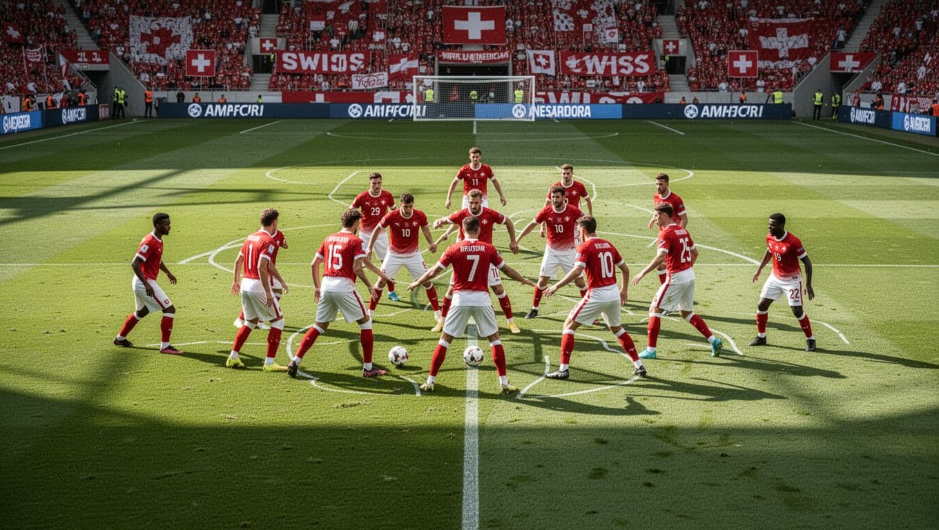 Para pemain tim nasional Swiss mengenakan seragam merah putih sedang melakukan tekanan disiplin di tengah lapangan hijau yang cerah. Kelompok pemain ini menjaga formasi rapat untuk memperkuat koordinasi dan kerjasama taktis mereka.