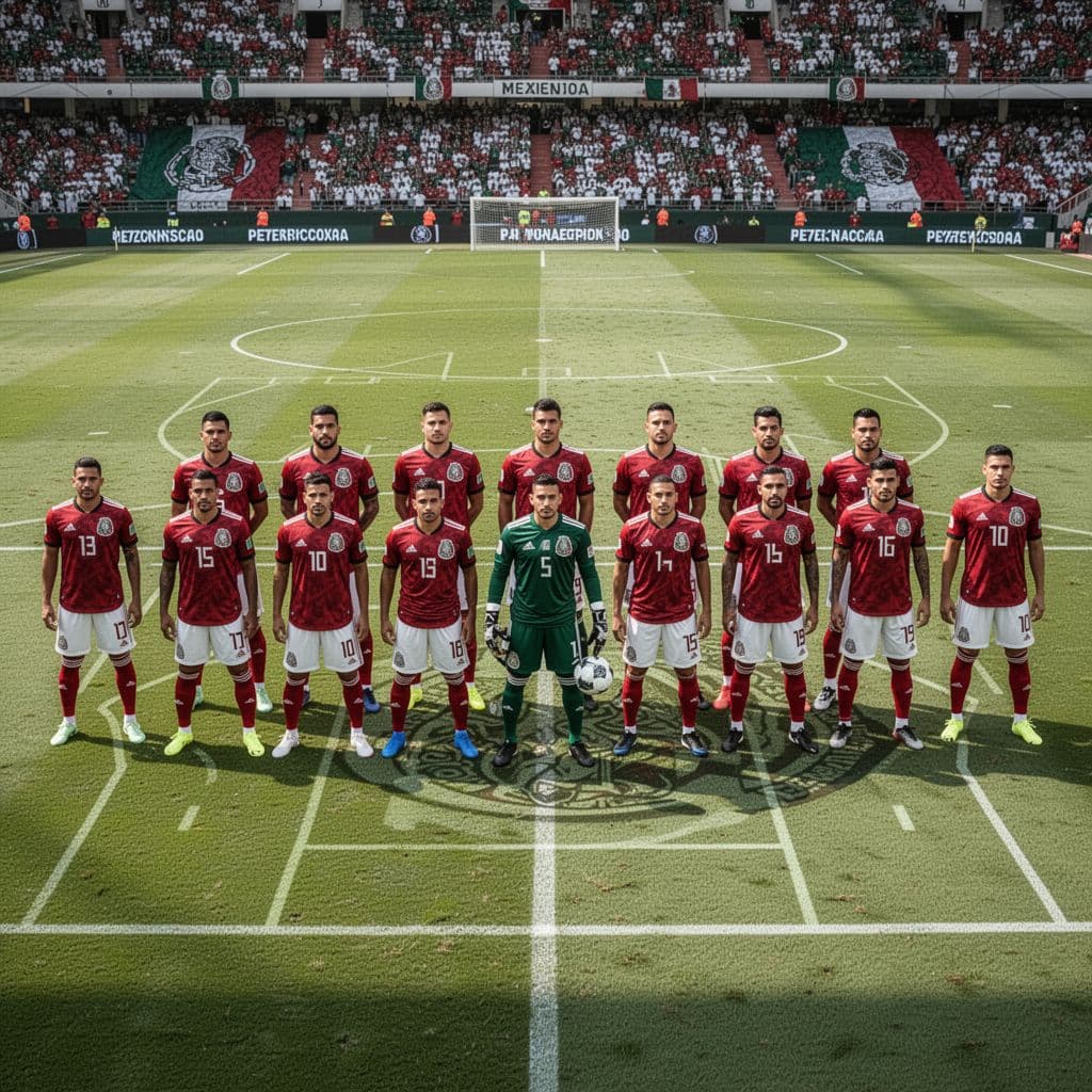 Para pemain timnas Meksiko berbaris dalam formasi disiplin di atas lapangan rumput stadion yang luas. Cahaya matahari siang menyoroti koordinasi posisi pemain di area tengah dan pertahanan saat sesi latihan intensif.
