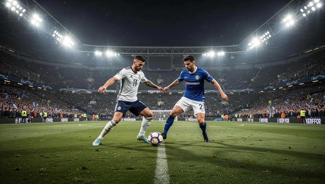 Two soccer players in contrasting team kits contest the ball in a tight mid-field tackle. The vast stadium is illuminated by bright overhead floodlights, casting long shadows across the green grass.