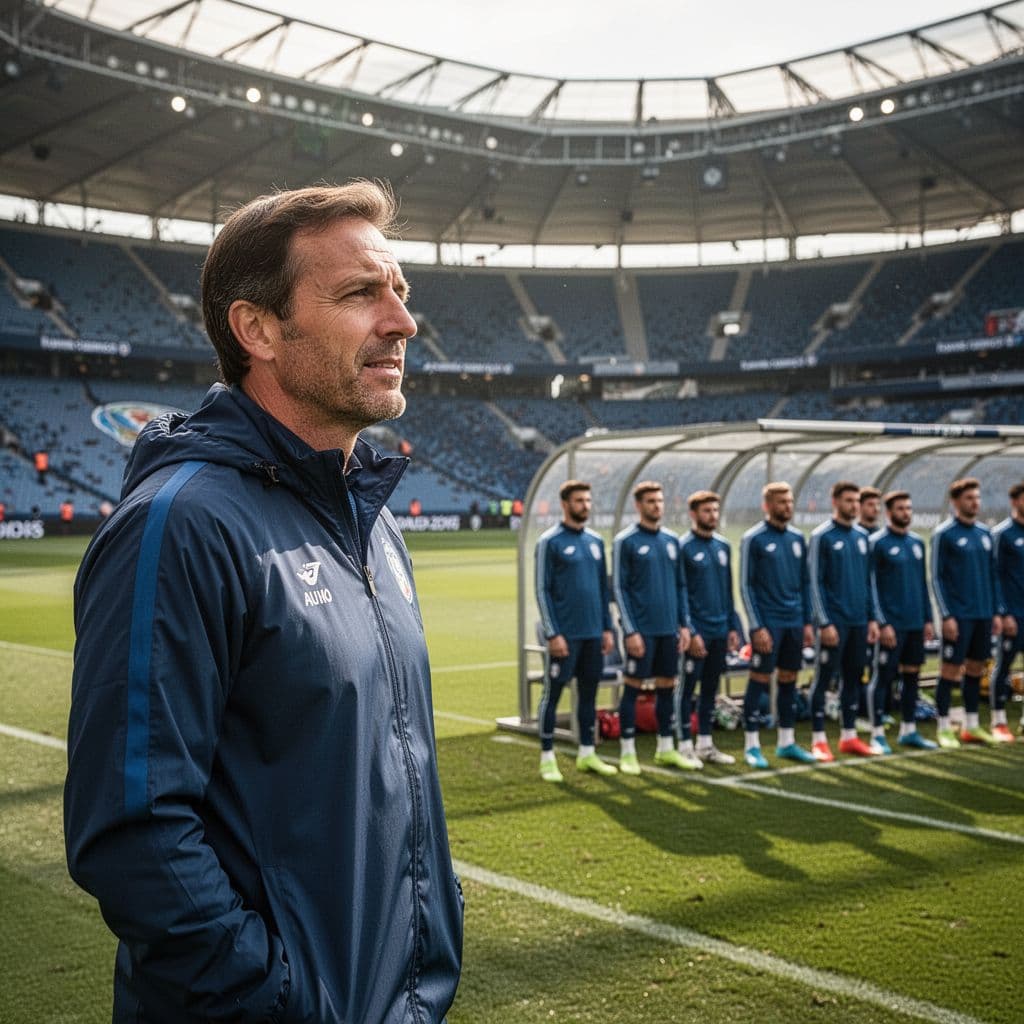 A focused national team coach observes his professional players on the sideline. The athletes wear matching blue track jackets while sitting on the stadium bench during a high-stakes championship match.
