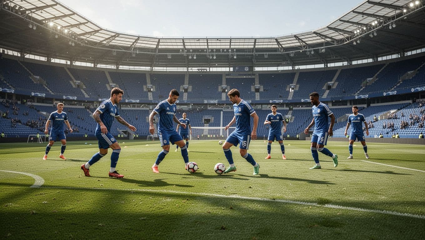 Players in blue jerseys practice tactical drills on a lush green stadium pitch. Coaches oversee the intense session while the empty stands provide a massive backdrop for the world cup preparation.