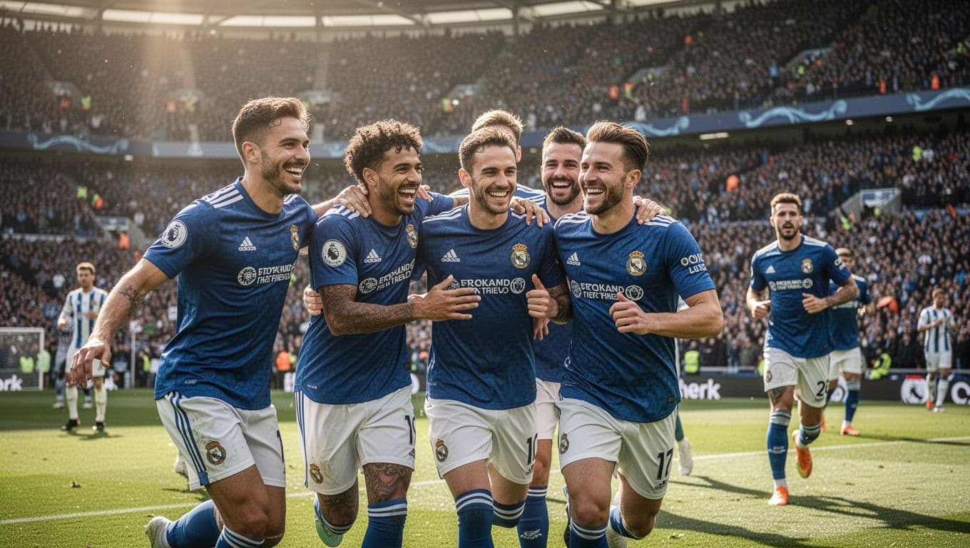 A group of professional soccer players in vibrant blue jerseys embrace on the pitch after scoring a goal. The sunlit stadium glows behind them with a vast crowd cheering in the background.