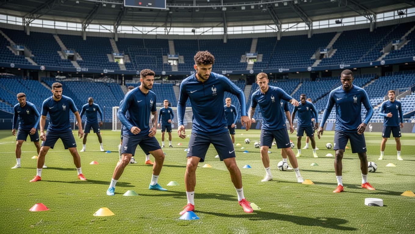 Athletes in deep blue kits sprint across a vibrant, emerald-green pitch during a sunny training session. In the background, rows of empty stadium seats rise toward a clear, bright sky.