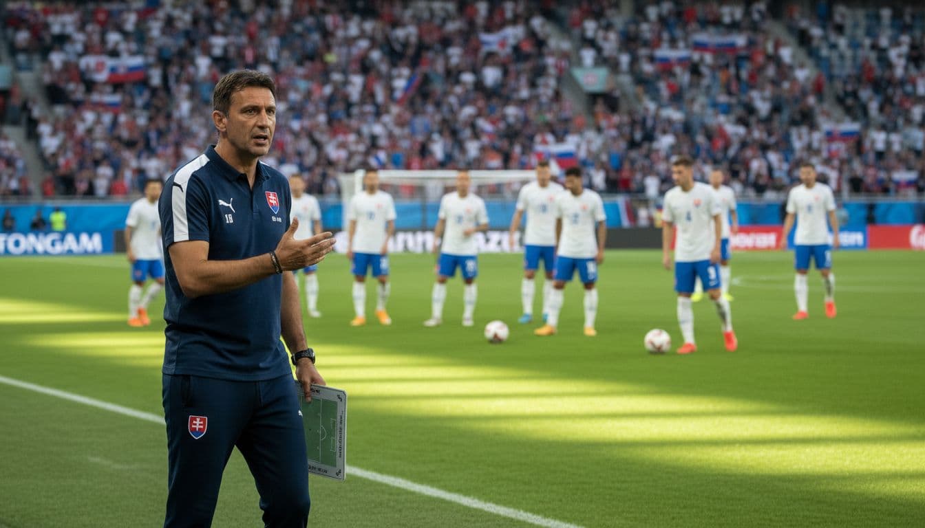 Francesco Calzona stands intensely focused on the touchline, coaching the Slovakia national football team during a match with players executing organized plays in the stadium background under natural daylight.