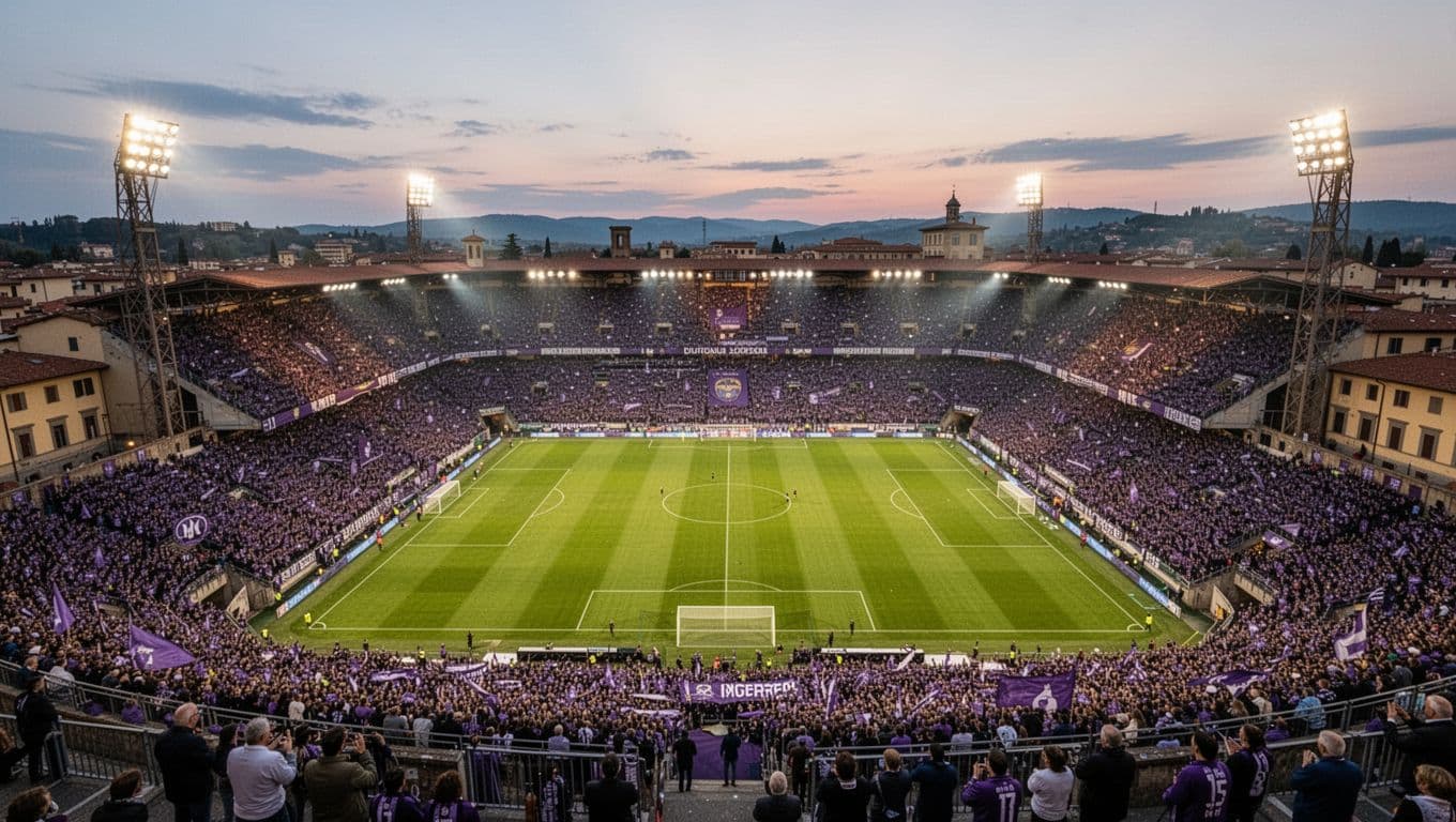 Aerial view of Stadio Artemio Franchi at dusk, packed with purple-clad Fiorentina fans in stands, floodlights on.