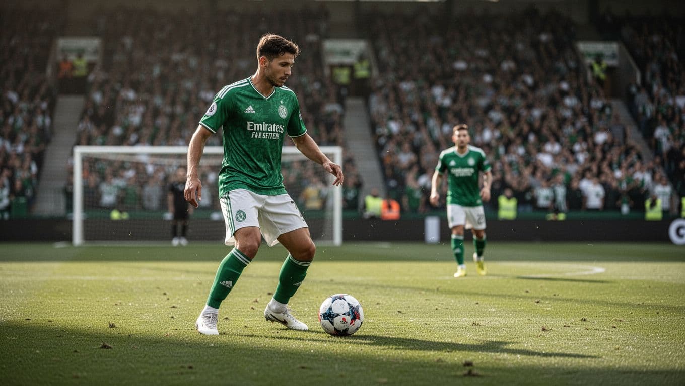 SC Freiburg midfielder in green jersey controls ball at feet in midfield, passing to distant teammate amid blurred stadium.