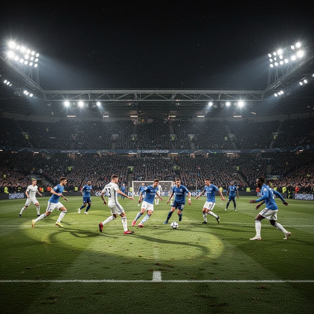 Bright floodlights illuminate a lush green football pitch under a night sky with a blurred crowd.