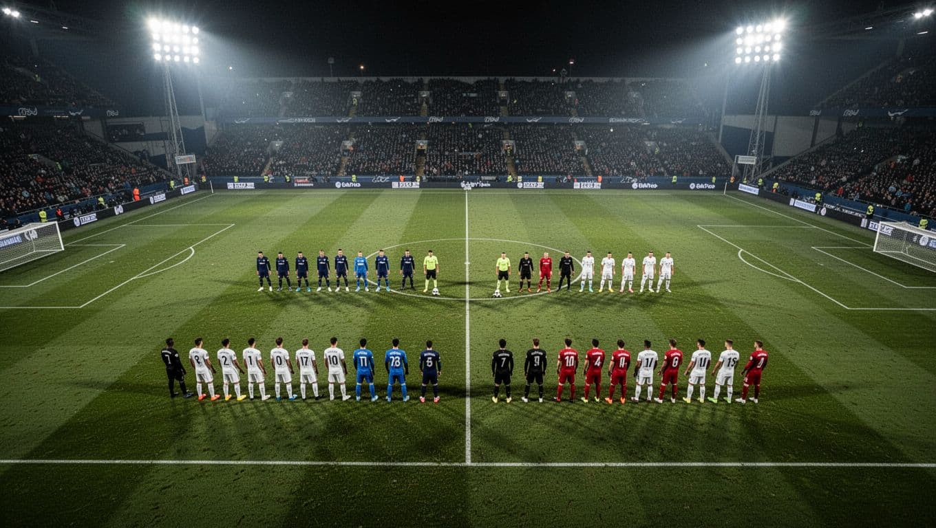 Two professional football teams stand in formation on a brightly lit field during a night match.